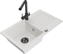 Mexen Pablo 1-bowl granite sink with drainer and Duero kitchen tap, white - 6510-20-671600-70
