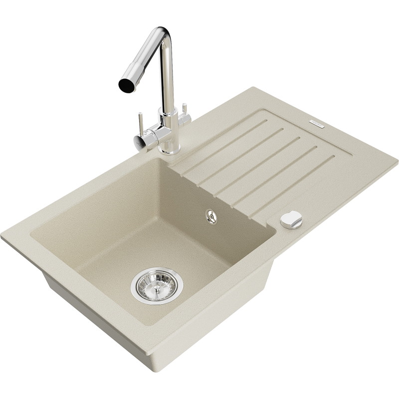 Mexen Pablo 1-bowl granite sink with drainer and Duero kitchen faucet, beige - 6510-69-671600-00