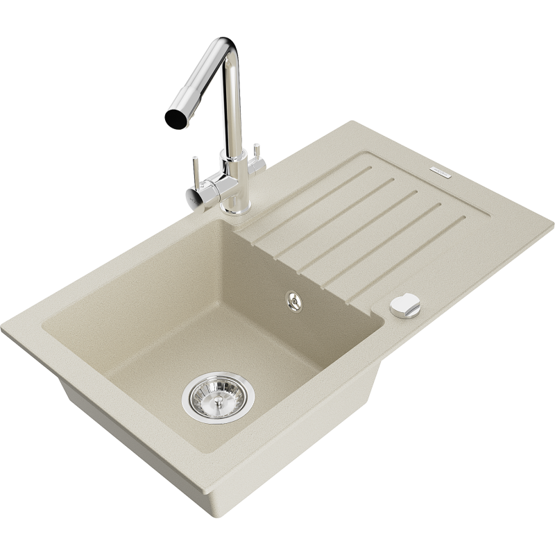 Mexen Pablo granite kitchen sink 1-bowl with drainer and Duero kitchen tap, beige - 6510-69-671600-00