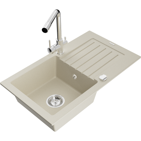 Mexen Pablo 1-compartment granite sink with a drip tray and kitchen mixer tap Duero, Beige - 6510-69-671600-00