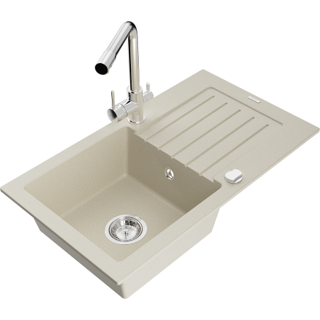 Mexen Pablo granite kitchen sink 1-bowl with drainer and Duero kitchen tap, beige - 6510-69-671600-00