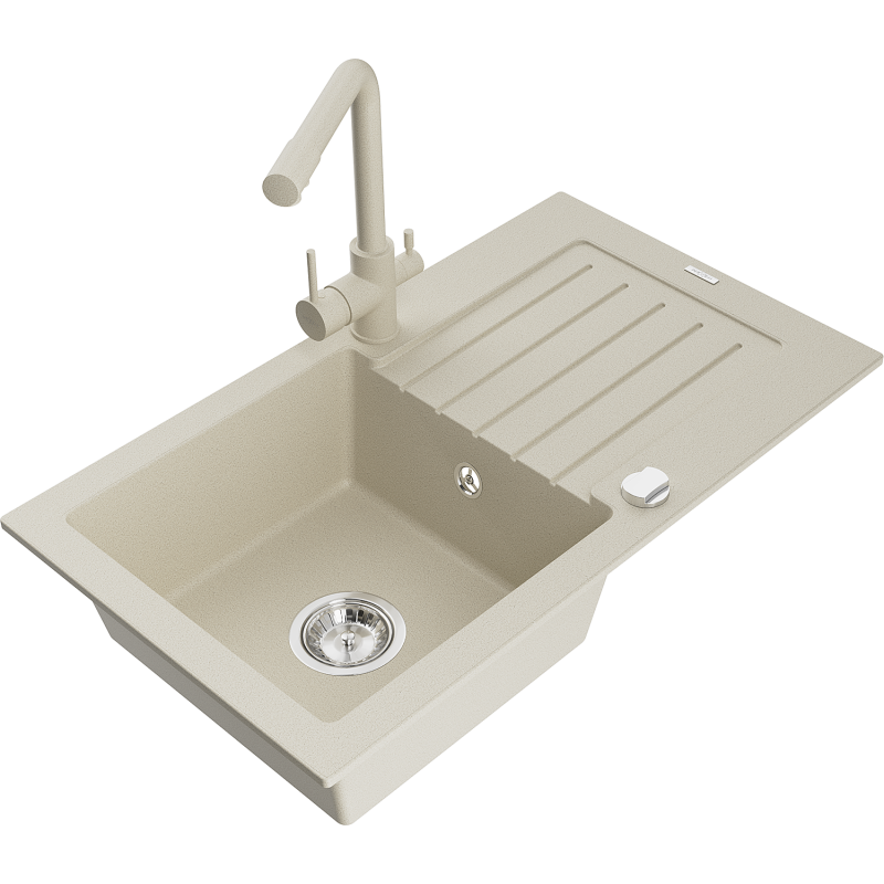 Mexen Pablo 1-bowl granite kitchen sink with drainer and Duero kitchen tap, beige - 6510-69-671600-69