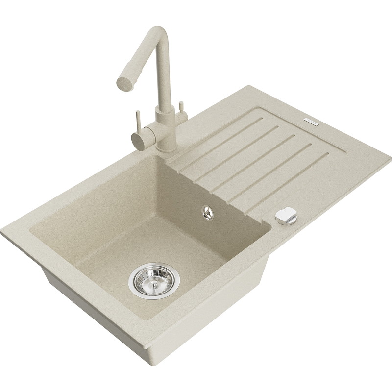 Mexen Pablo Duero 1-Bowl Granite Sink with Drainer and Kitchen Faucet, Beige - 6510-69-671600-69