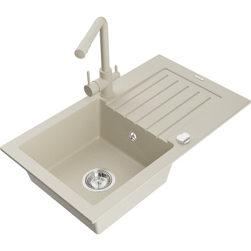 Mexen Pablo granite sink 1-chamber with drainer and Duero kitchen faucet, beige - 6510-69-671600-69