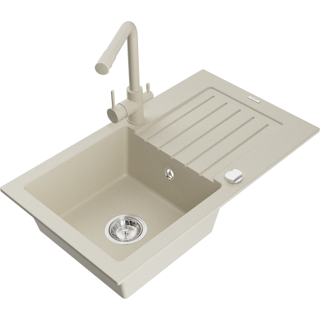 Mexen Pablo 1-bowl granite kitchen sink with drainer and Duero kitchen tap, beige - 6510-69-671600-69
