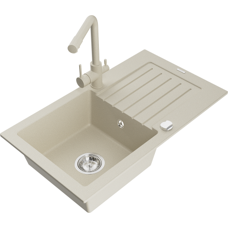 Mexen Pablo 1-compartment granite sink with a drip tray and kitchen mixer tap Duero, Beige - 6510-69-671600-69