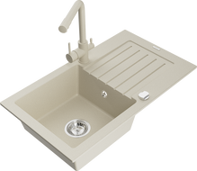 Mexen Pablo 1-bowl granite kitchen sink with drainer and Duero kitchen tap, beige - 6510-69-671600-69