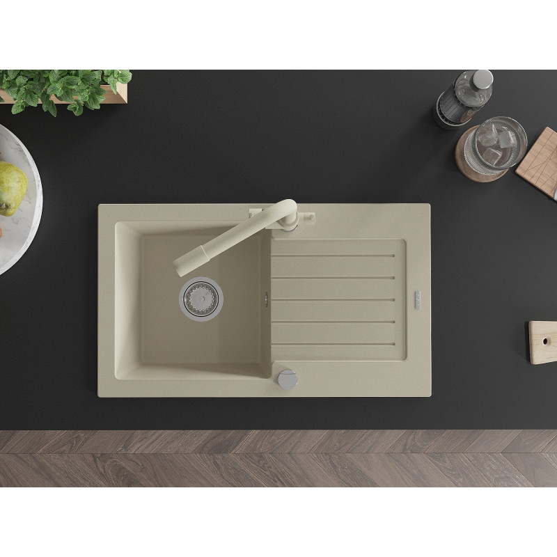 Mexen Pablo granite sink 1-chamber with drainer and Duero kitchen faucet, beige - 6510-69-671600-69