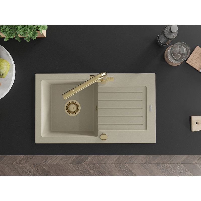 Mexen Pablo 1-bowl granite sink with drainer and Duero kitchen tap, beige - 6510-69-671600-50