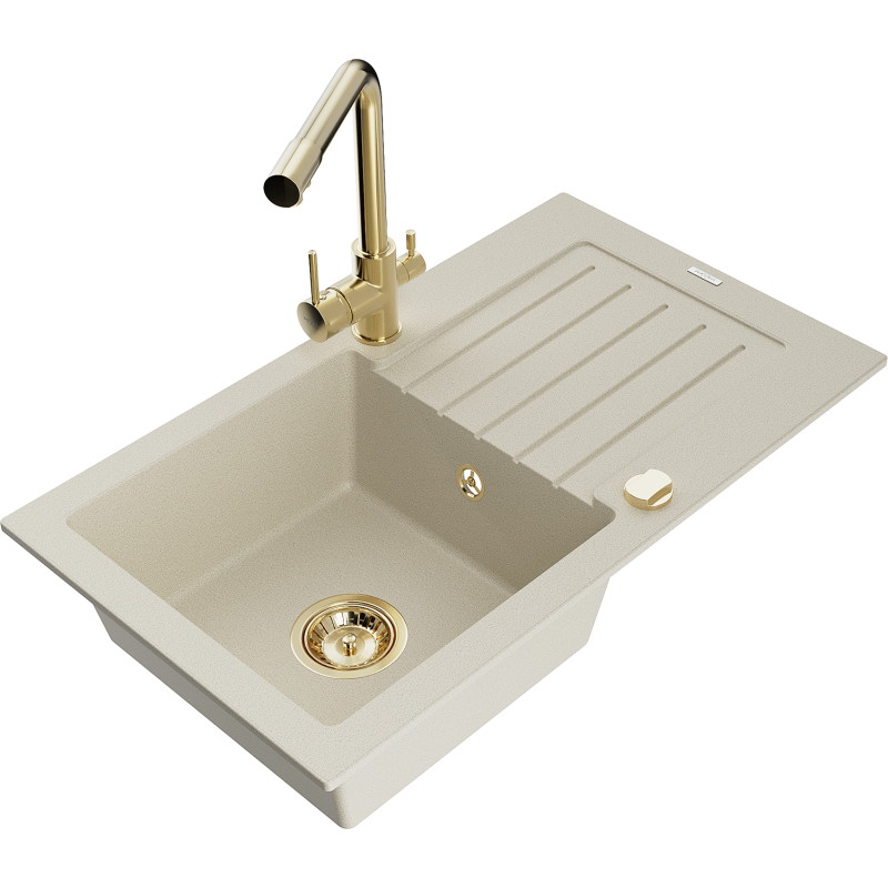 Mexen Pablo 1-bowl granite sink with drainer and kitchen faucet Duero, beige - 6510-69-671600-50