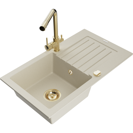 Mexen Pablo 1-bowl granite sink with drainer and Duero kitchen faucet, beige - 6510-69-671600-50