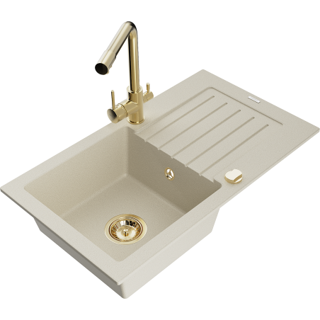 Mexen Pablo 1-bowl granite sink with drainer and kitchen faucet Duero, beige - 6510-69-671600-50