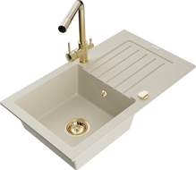 Mexen Pablo 1-compartment granite sink with a drip tray and kitchen mixer tap Duero, Beige - 6510-69-671600-50