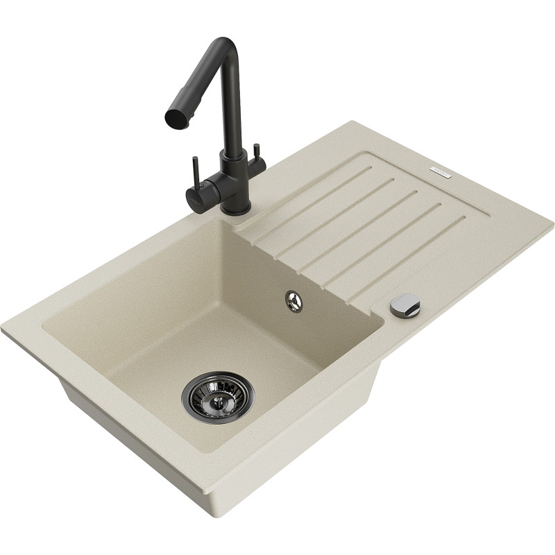 Mexen Pablo 1-bowl Granite Sink with Drainer and Duero Kitchen Faucet, Beige - 6510-69-671600-70