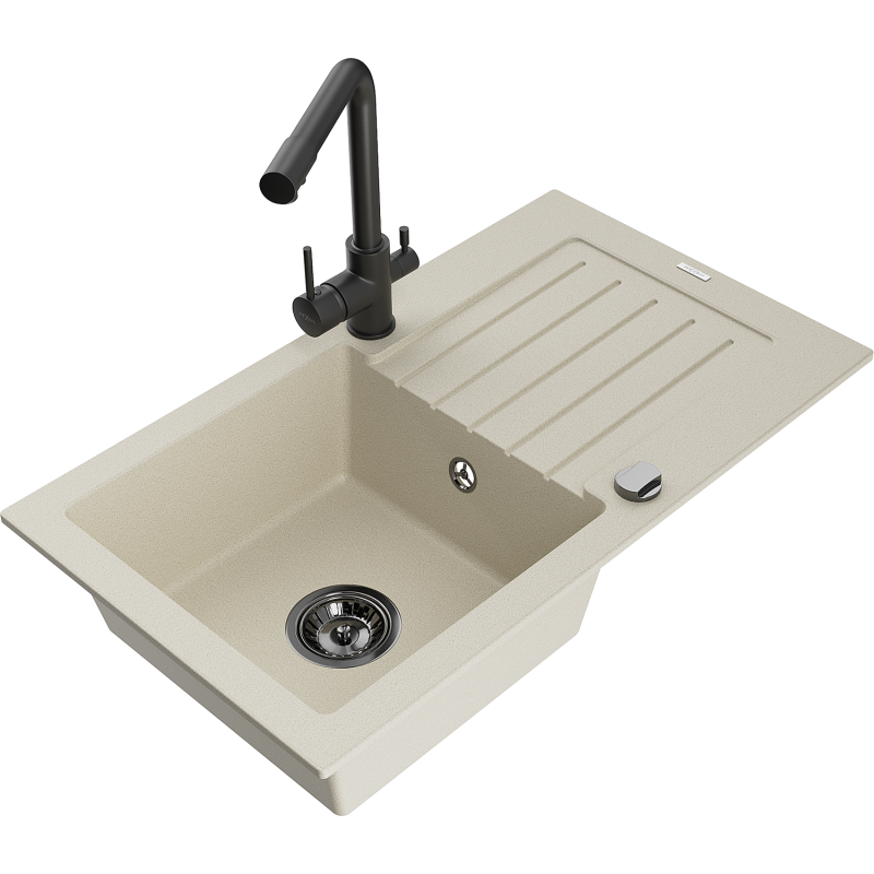Mexen Pablo 1-compartment granite sink with a drip tray and kitchen mixer tap Duero, Beige - 6510-69-671600-70