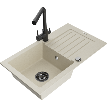 Mexen Pablo 1-chamber granite sink with drainer and Duero kitchen faucet, beige - 6510-69-671600-70