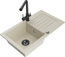 Mexen Pablo granite 1-bowl sink with drainer and Duero kitchen tap, beige - 6510-69-671600-70