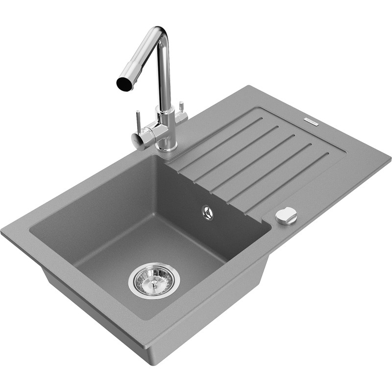 Mexen Pablo granite sink 1-bowl with drainer and kitchen faucet Duero, gray - 6510-71-671600-00