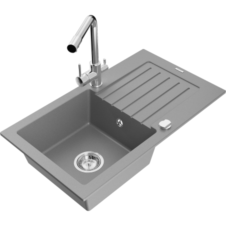 Mexen Pablo 1-bowl granite sink with drainer and Duero kitchen faucet, gray - 6510-71-671600-00