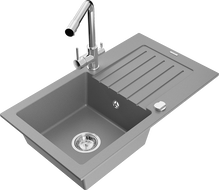 Mexen Pablo granite sink 1-bowl with drainer and kitchen faucet Duero, gray - 6510-71-671600-00