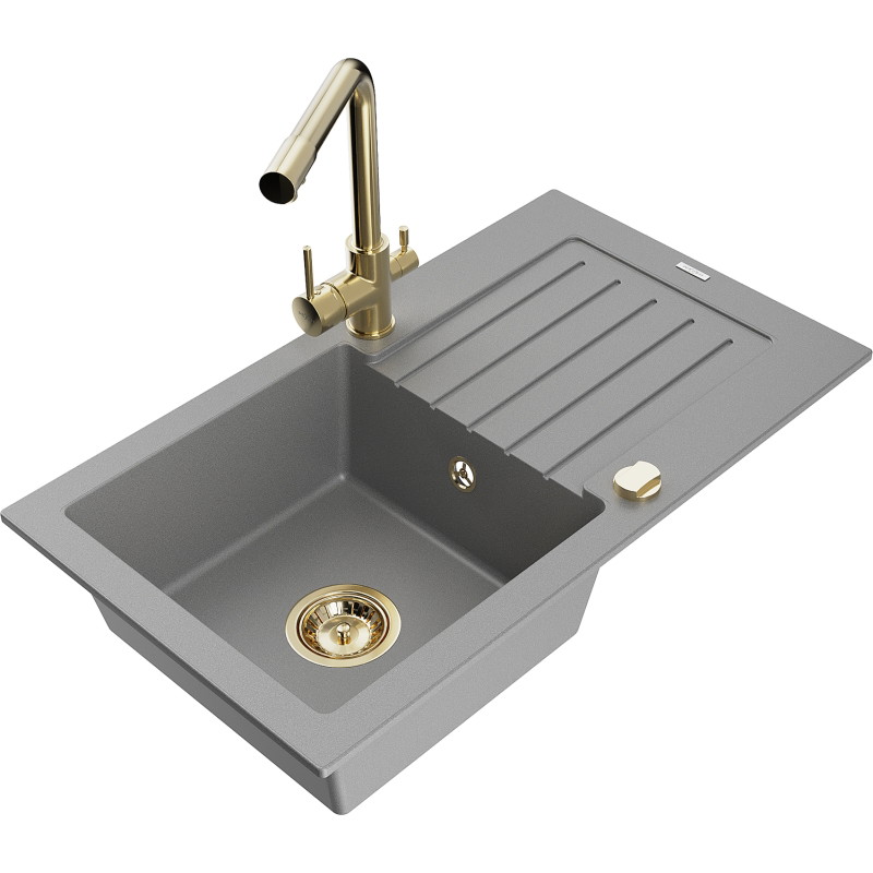 Mexen Pablo granite single-bowl sink with drainer and Duero kitchen faucet, gray - 6510-71-671600-50