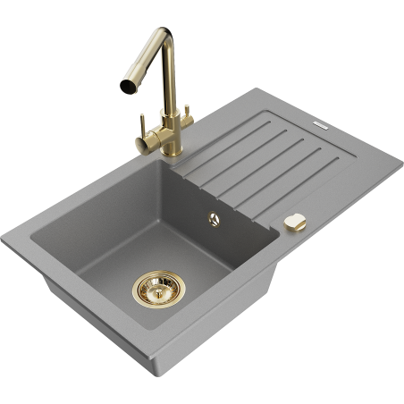 Mexen Pablo 1-Bowl Granite Sink with Drainer and Duero Kitchen Faucet, Gray - 6510-71-671600-50
