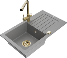 Mexen Pablo 1-bowl granite sink with drainer and Duero kitchen tap, grey - 6510-71-671600-50