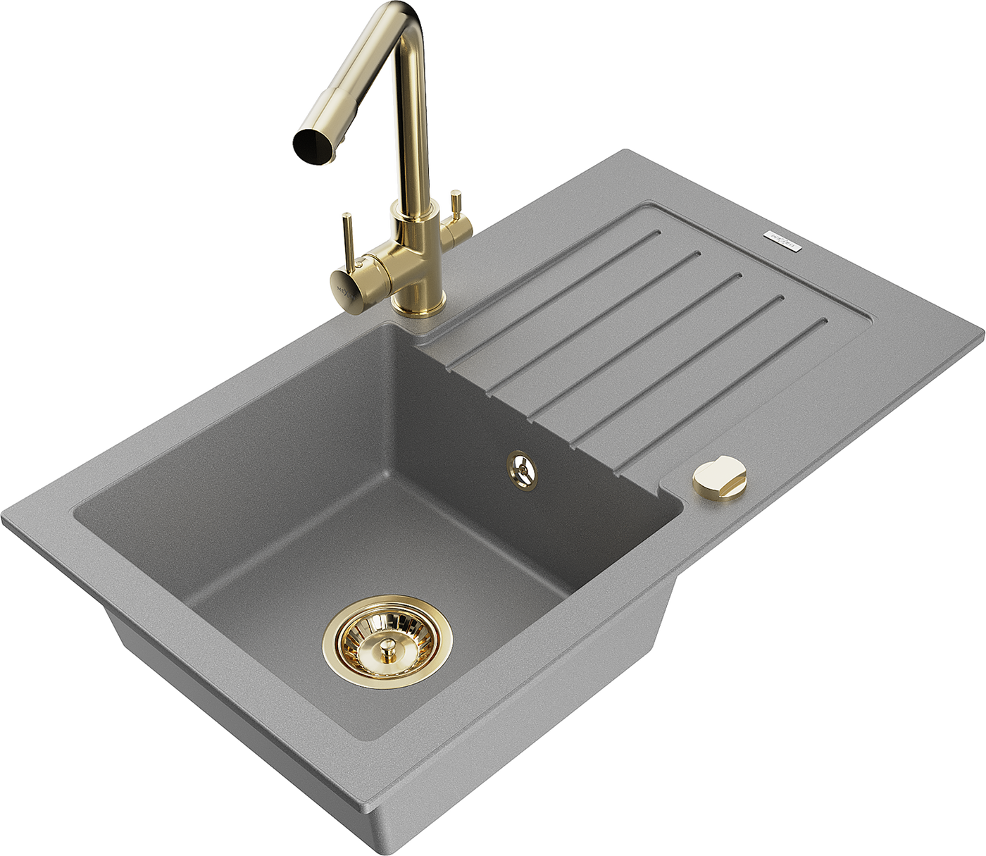 Mexen Pablo 1-compartment granite sink with a drip tray and kitchen mixer tap Duero, Grey - 6510-71-671600-50