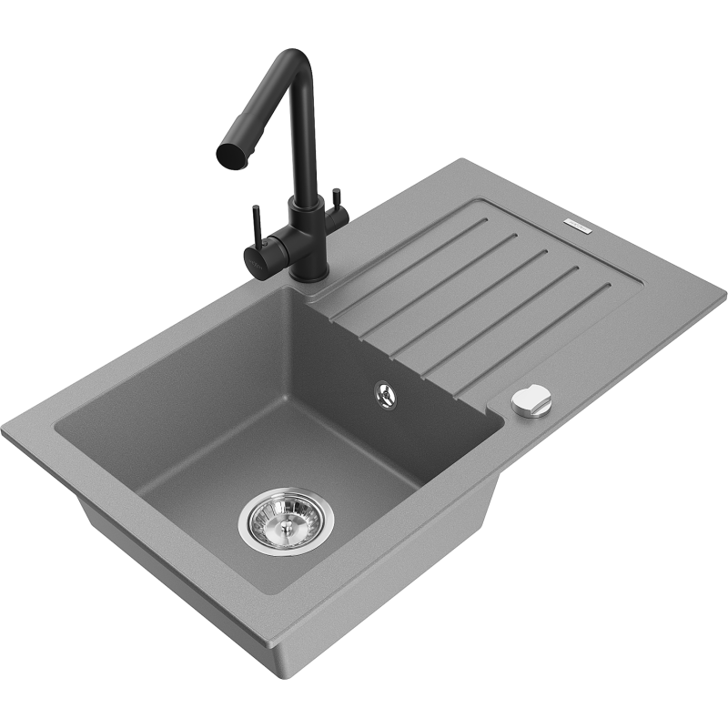 Mexen Pablo 1-bowl granite sink with drainer and Duero kitchen tap, grey - 6510-71-671600-70