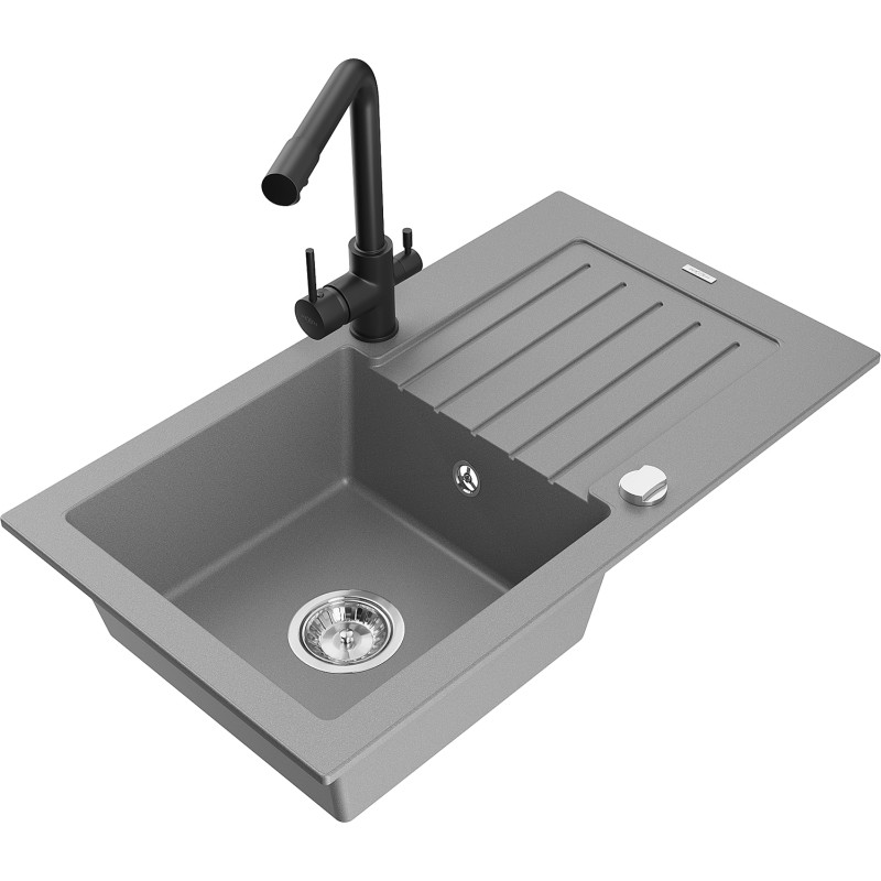 Mexen Pablo Duero single-bowl granite sink with drainer and kitchen faucet, gray - 6510-71-671600-70