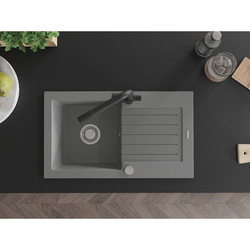 Mexen Pablo 1-bowl granite sink with drainer and Duero kitchen tap, grey - 6510-71-671600-70