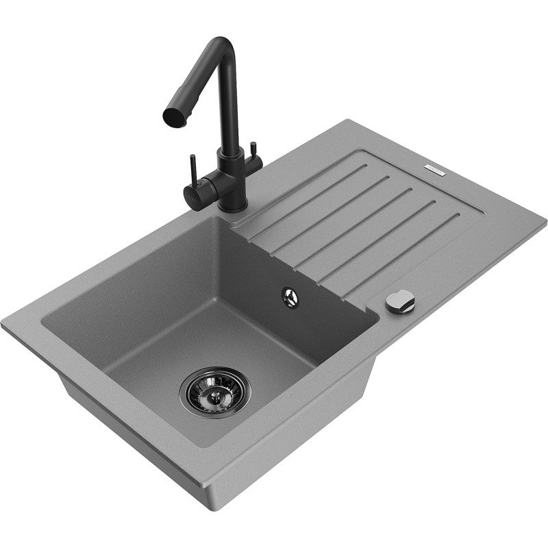 Mexen Pablo 1-bowl granite sink with drainer and Duero kitchen faucet, gray - 6510-71-671600-70-B