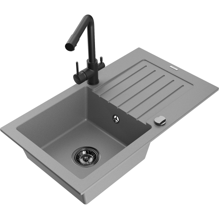 Mexen Pablo 1-bowl granite sink with drainer and Duero kitchen faucet, gray - 6510-71-671600-70-B