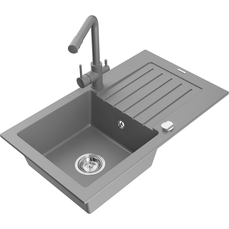 Mexen Pablo 1-bowl granite sink with drainer and Duero kitchen tap, grey - 6510-71-671600-71