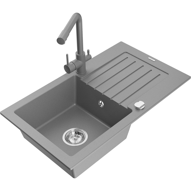 Mexen Pablo granite kitchen sink with 1 bowl, drainer, and kitchen faucet Duero, gray - 6510-71-671600-71