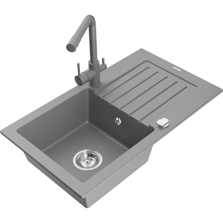 Mexen Pablo granite sink 1-bowl with drainer and Duero kitchen faucet, gray - 6510-71-671600-71