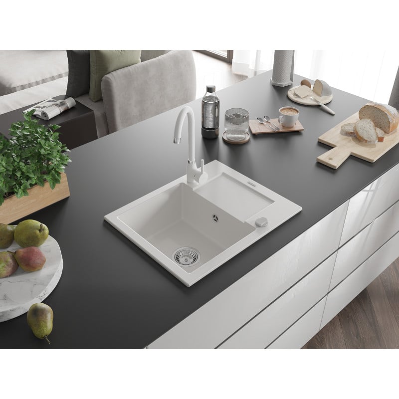 Mexen Enzo granite sink 1-bowl with drainer and Telma kitchen tap, white - 6506-20-670200-20