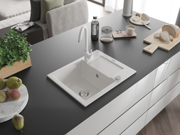 Mexen Enzo 1-compartment granite sink with a drip tray and kitchen mixer tap Telma, White - 6506-20-670200-20