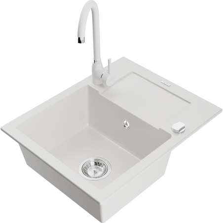 Mexen Enzo 1-compartment granite sink with a drip tray and kitchen mixer tap Telma, White - 6506-20-670200-20