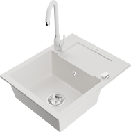 Mexen Enzo 1-compartment granite sink with a drip tray and kitchen mixer tap Telma, White - 6506-20-670200-20