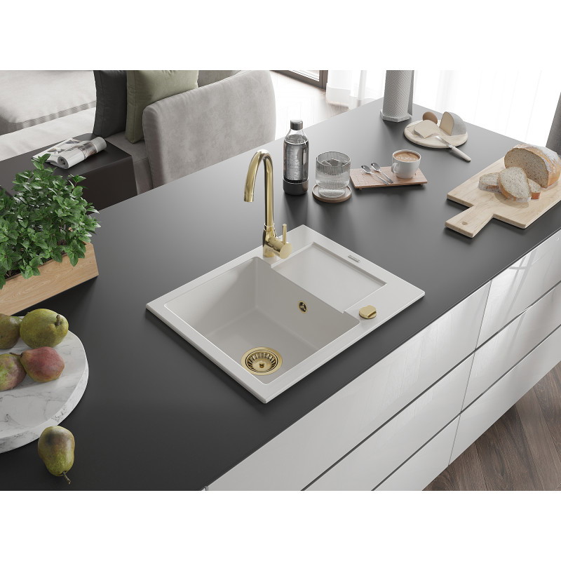 Mexen Enzo 1-bowl granite sink with drainer and Telma kitchen faucet, white - 6506-20-670200-50