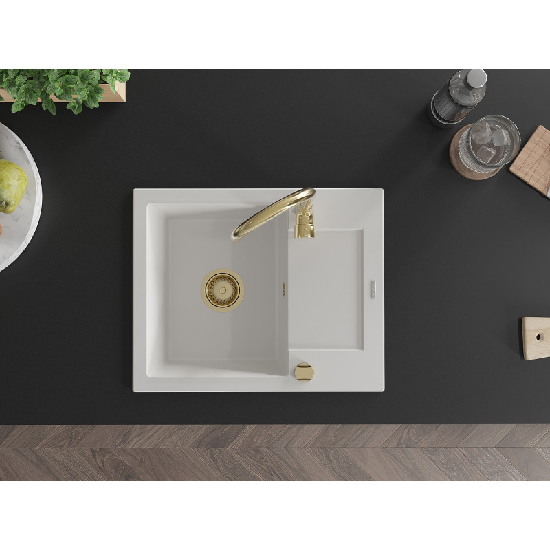 Mexen Enzo 1-bowl granite sink with drainer and Telma kitchen faucet, white - 6506-20-670200-50