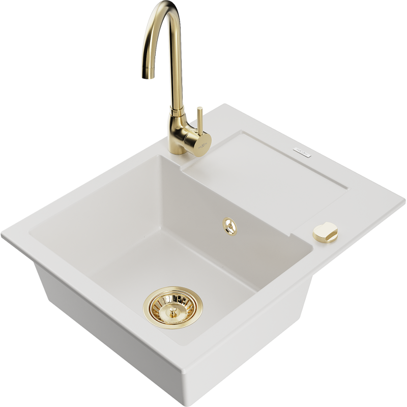 Mexen Enzo granite kitchen sink 1-bowl with drainer and Telma kitchen tap, white - 6506-20-670200-50