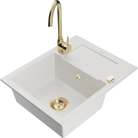 Mexen Enzo 1-bowl granite sink with drainer and Telma kitchen faucet, white - 6506-20-670200-50