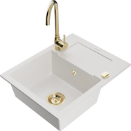 Mexen Enzo 1-compartment granite sink with a drip tray and kitchen mixer tap Telma, White - 6506-20-670200-50