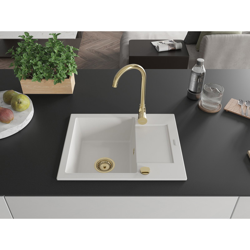 Mexen Enzo 1-bowl granite sink with drainer and Telma kitchen faucet, white - 6506-20-670200-50