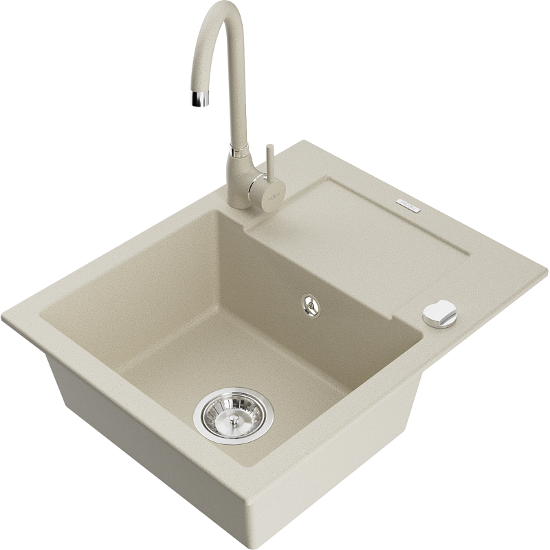 Mexen Enzo 1-bowl granite sink with drainer and Telma kitchen faucet, beige - 6506-69-670200-69