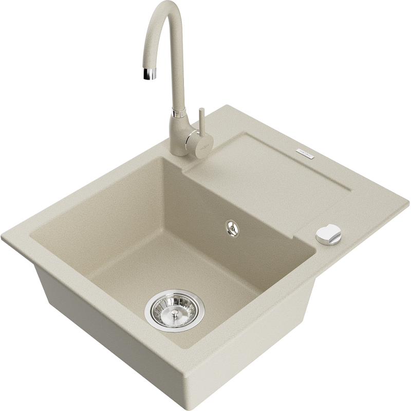 Mexen Enzo granite kitchen sink 1-bowl with drainer and Telma kitchen tap, beige - 6506-69-670200-69
