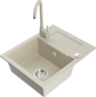 Mexen Enzo 1-compartment granite sink with a drip tray and kitchen mixer tap Telma, Beige - 6506-69-670200-69