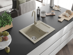 Mexen Enzo 1-bowl granite sink with drainer and Telma kitchen faucet, beige - 6506-69-670200-69